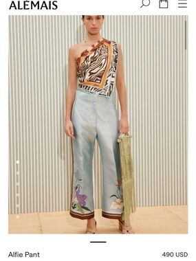 NWT Alfie Wide-Leg Embroidered Satin Pants in Light Blue